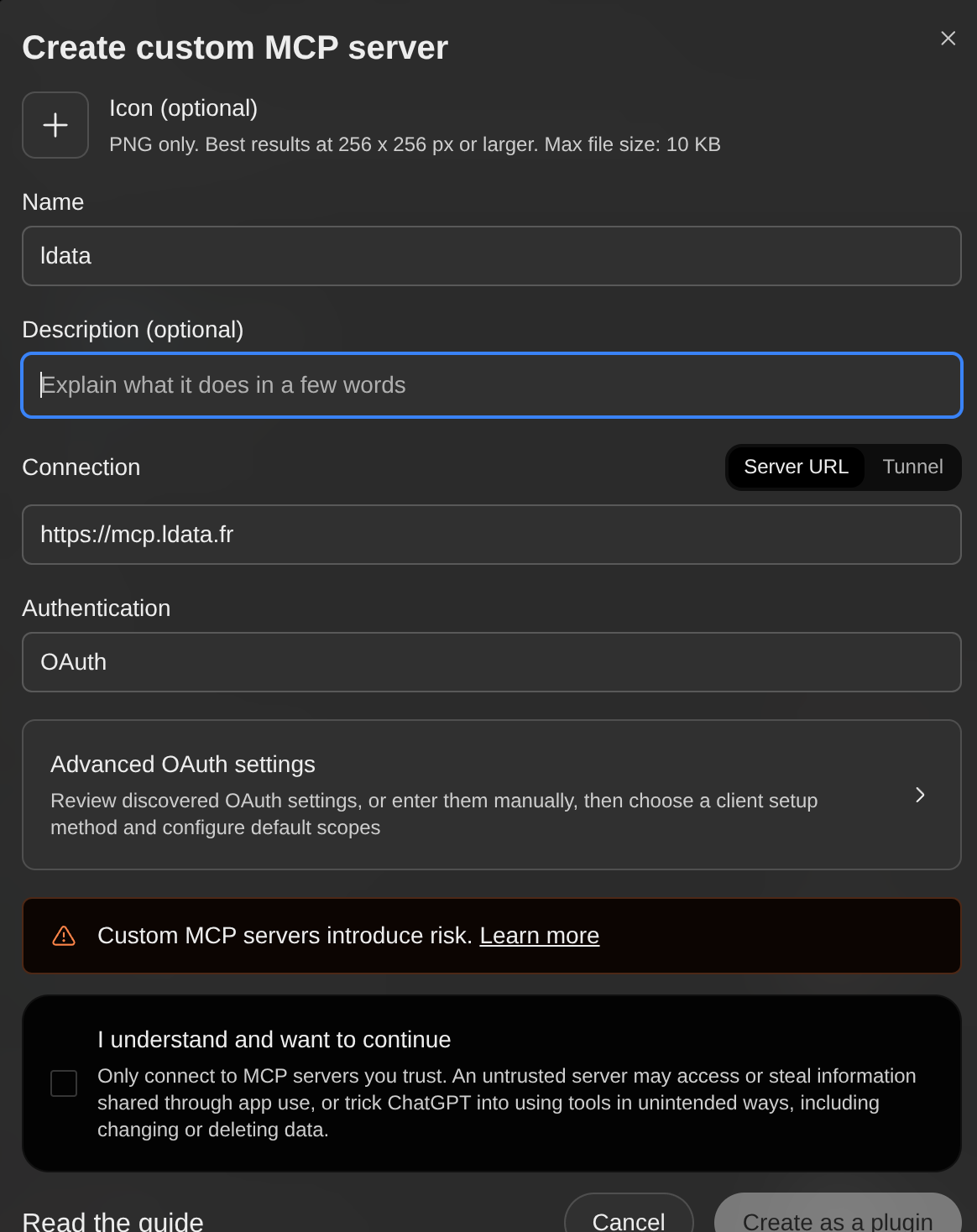 Nom Ldata, adresse https://mcp.ldata.fr, authentification OAuth